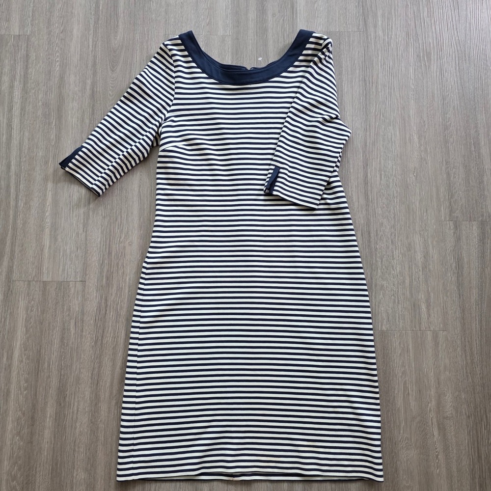 Banana Republic Navy White Striped Sheath Dress Scoop Neck Elbow Sleeve Size 10 - Picture 2 of 16